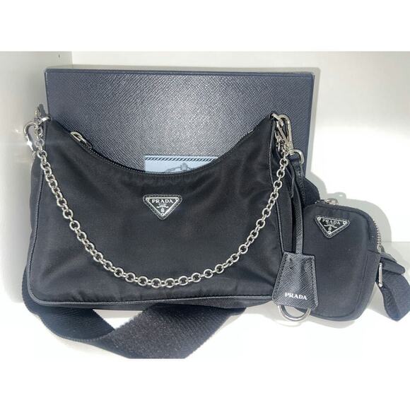 Prada Handbags - Prada Re-Edition 2005 Black Nylon Shoulder Bag with Chain Strap and Mini Pouch